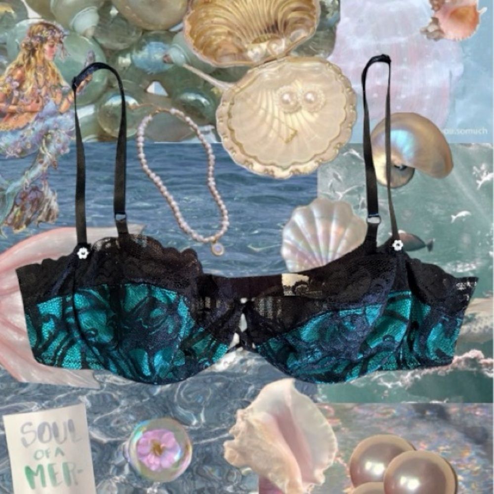 Black Lace Underwire Bra with Teal Satin Panels